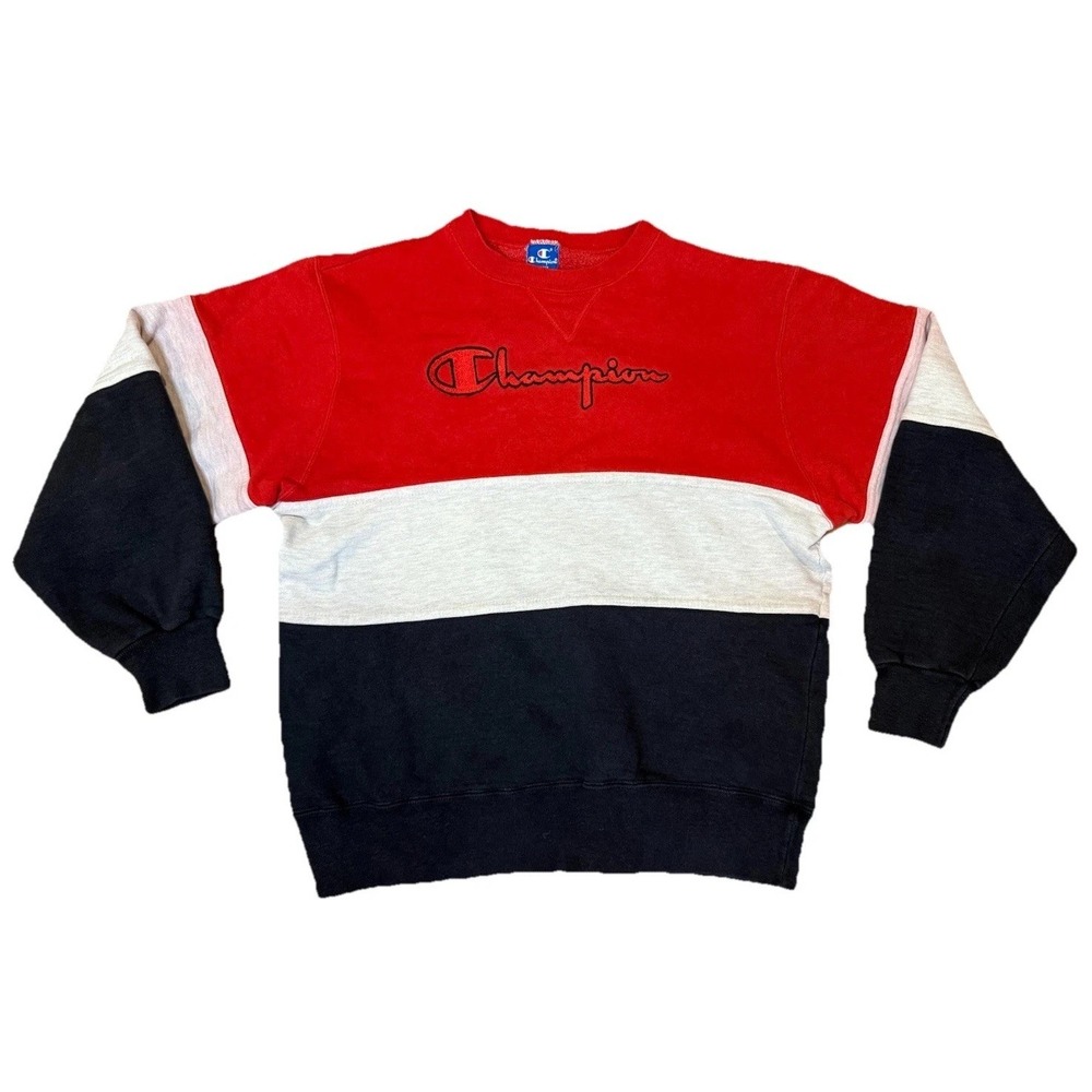 Vintage 80s 90s Champion Colorblock Red Gray Blue Crewneck Sweatshirt Heavy LG